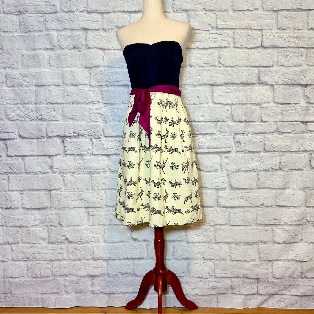 Anthropologie Postmark Conifer Herd Reindeer Print Knee-Length Dress